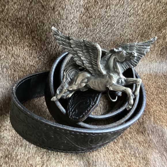 Vintage Bergamot Brass Works Pegasus Belt Buckle Tooled Black Leather Belt main image 6